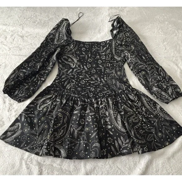 Anthropologie Maeve Long Sleeve Square Neck Drop Waist Mini Dress Black Sz Md - Picture 3 of 8
